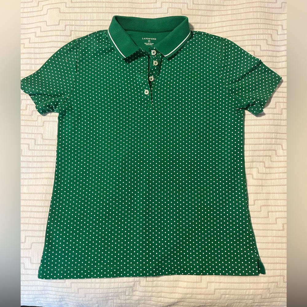 Vintage Preppy Lands' End Green Polo with White Polka Dots